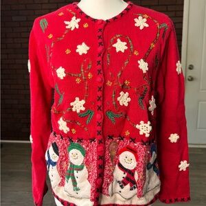 Designers Originals Studio Red Snowman Christmas Cardigan Sweater M Ramie Cotton